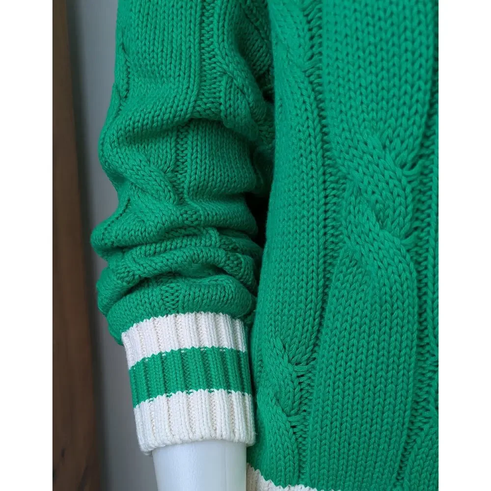 Aerie Cable Knit Sweater Medium Green White Striped V Neck Varsity Oversized